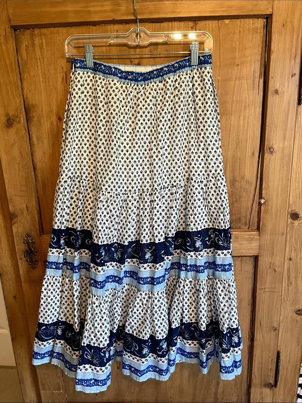 J. Crew White Midi Skirt with Navy and Cobalt Blue Prints